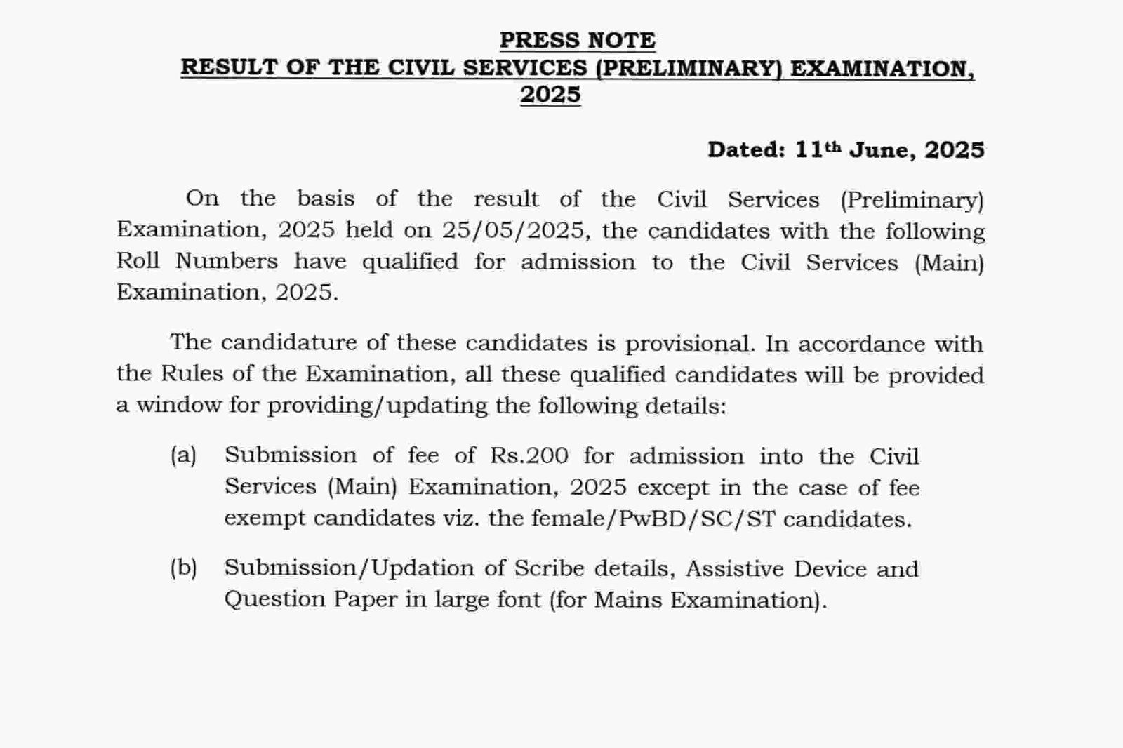 UPSC Civil Services / Forest Service Prelims Result